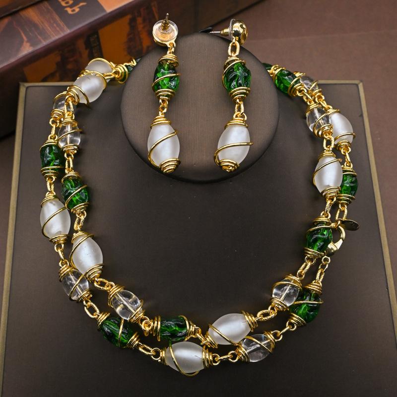 Colar Brincos Pérola de Vidro Estilo Barroco Retro Moda Conjunto de Joias High-End Fosco Temperamento