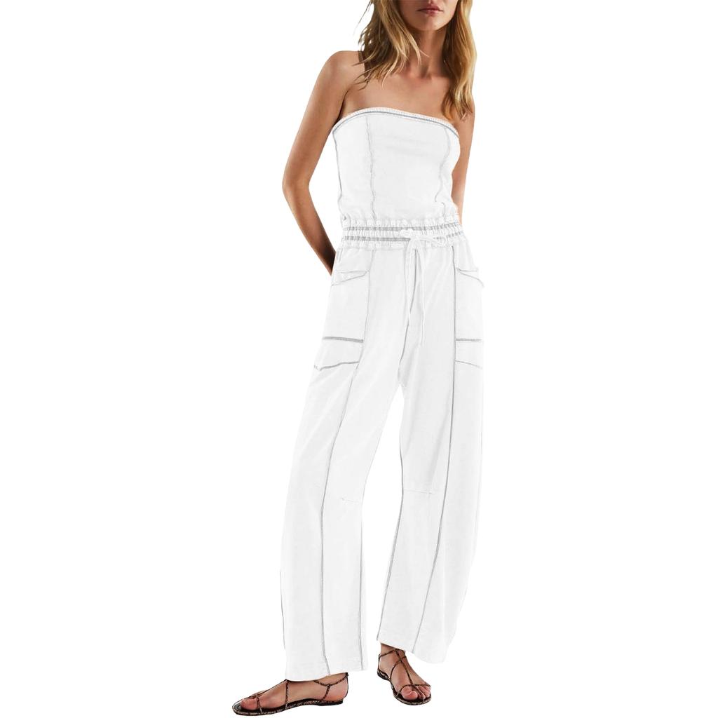 Women's Strapless Off-Shoulder Jumpsuit One-Piece Romper with Pockets