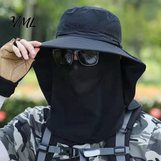 Breathable Mesh Face Mask Hat Sun Hats for Men, UV Protection Fishing with Neck Flap & Mask, Full Coverage Wide Brim Bucket Hat, Foldable Summer
