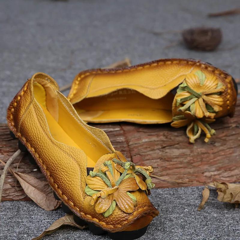 2025 Summer Genuine Leather Flats Women Soft Slip-On Flat Shoes Black Red Floral Mom Loafers Moccasin Lady Designer Shoes