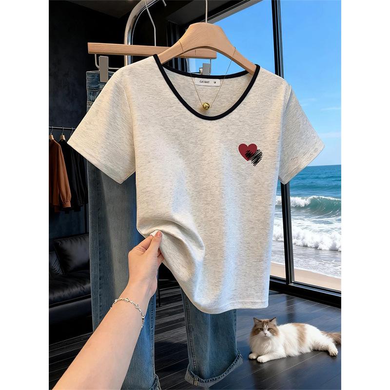 Shoulder pure cotton V-neck color matching short-sleeved T-shirt women's new Korean version of fashion versatile top trendy clothes
