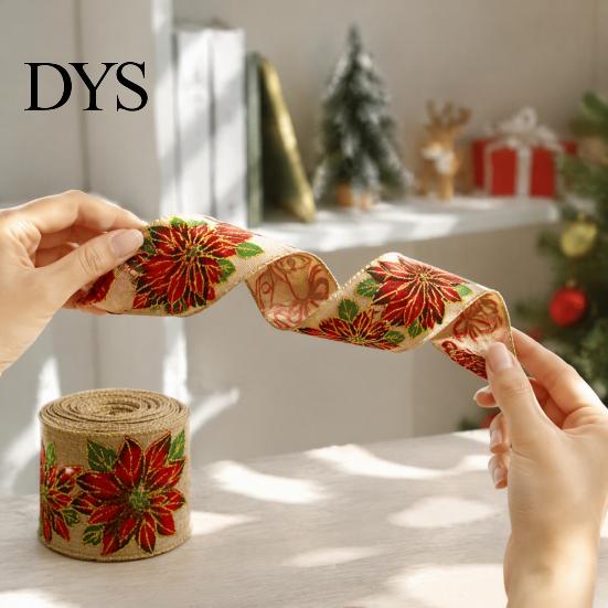 Decorative Ribbon for Christmas Decorations 1 Roll Burlap Gift Wrapping Tree Decor, Vintage Patterned Imitation Linen Wired Fabric DIY Crafts