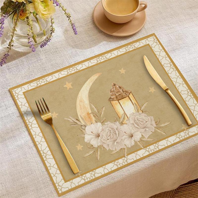 4/2 Stück Happy Ramadan Laterne und Mond Tischsets Festliche Atmosphäre Dekoration Leinen Tischgeschirr Matte Hitzebeständig