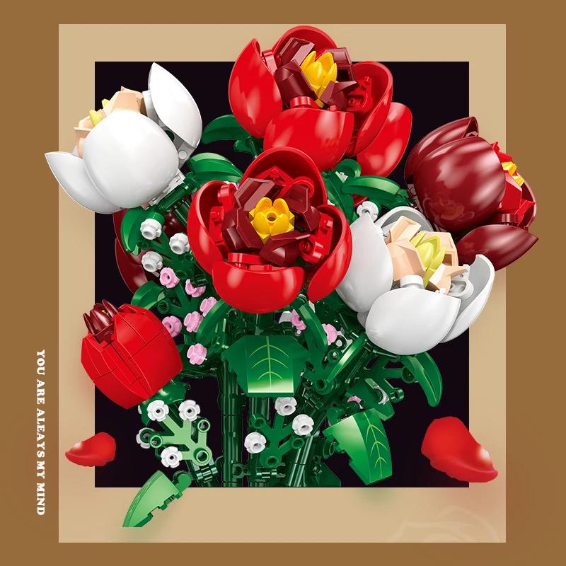 DIY Red Rose Building Blocks Bouquet - Romantic Vase Flower Gift for Adults, Valentine's Day Anniversary Home Desk Decor