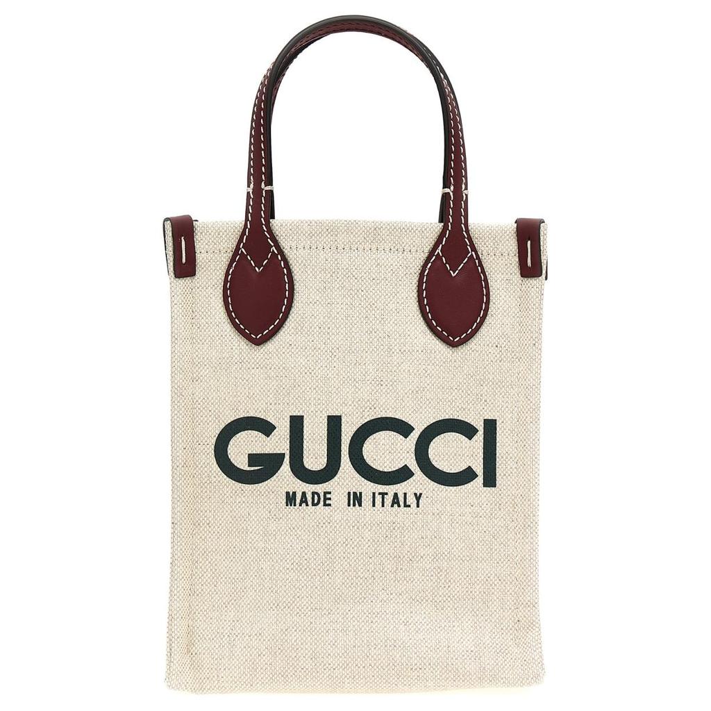 Gucci Print Mini Tote Bag, Beige Linen Canvas Burgundy Leather Trim Printed Logo, Women's Daily Shopping Travel Casual Handbag 799300-FACUL-8574