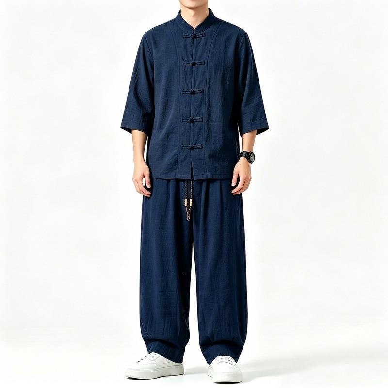 Men Chinese Style Retro Stand Collar Shirt And Pants Casual Two Piece Set
