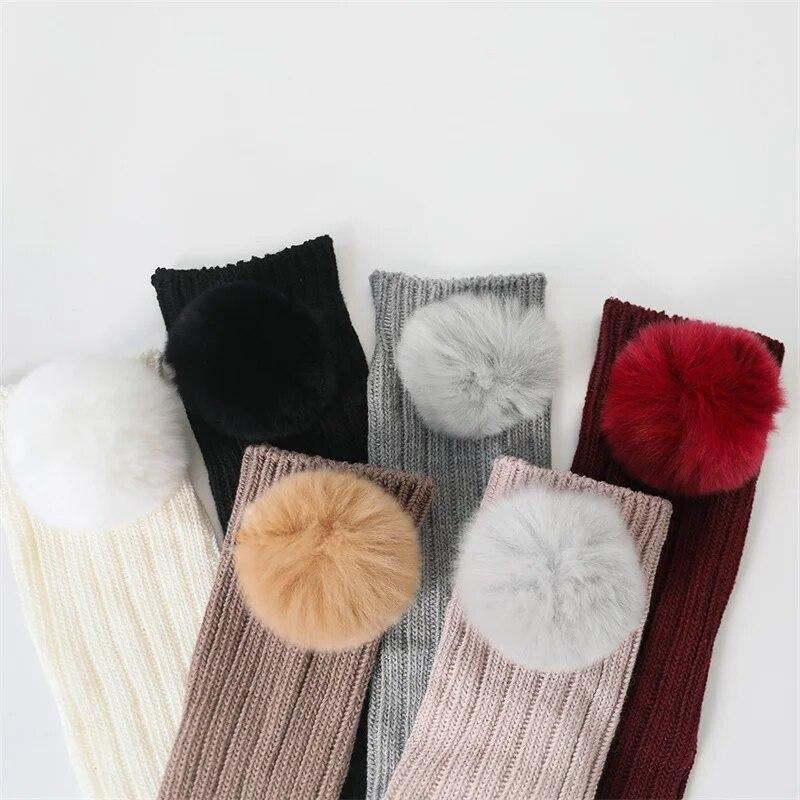 Kids Girls Socks Cotton Fur Ball Knee High Children's Socks For Girls Winter Warm Knitted Baby Stocking Age for 0-7Years
