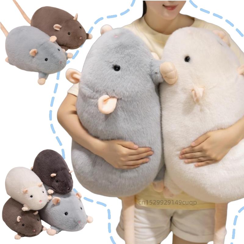 50/95cm Cartoon Round Mouse Plush Doll Pillow Grey Brown White Black Long Tail Mouse Stuffed Animal Home Decor Gift For Kids