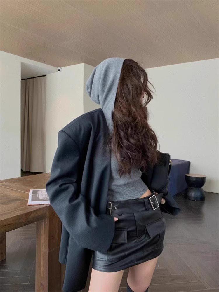 

Американская Острая Девушка Женский Приталенный Оранжевый Вязаный Свитер с Капюшоном серый