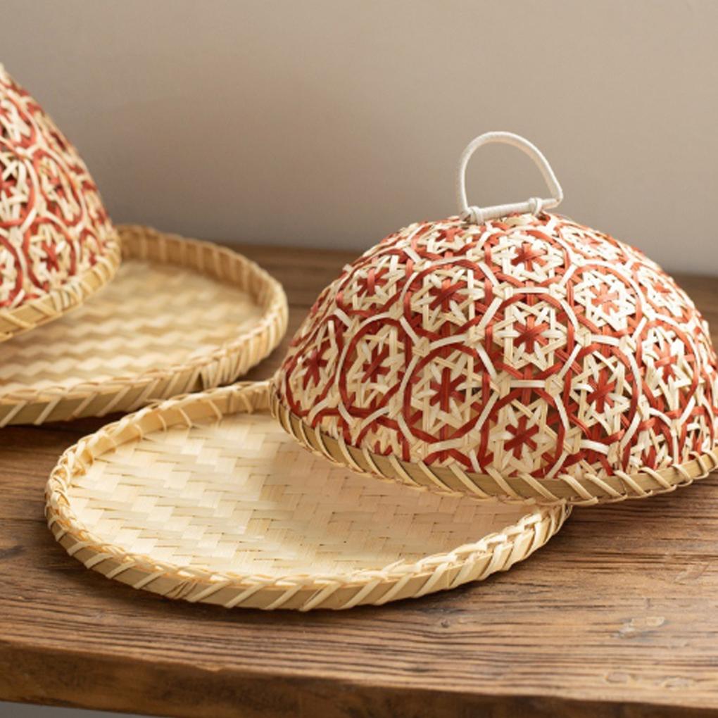 Hand-woven Rattan Fruit Plate with Round Lid Insect Proof Bread Basket Umbrella Cover for Kitchen Dining Table Fruit