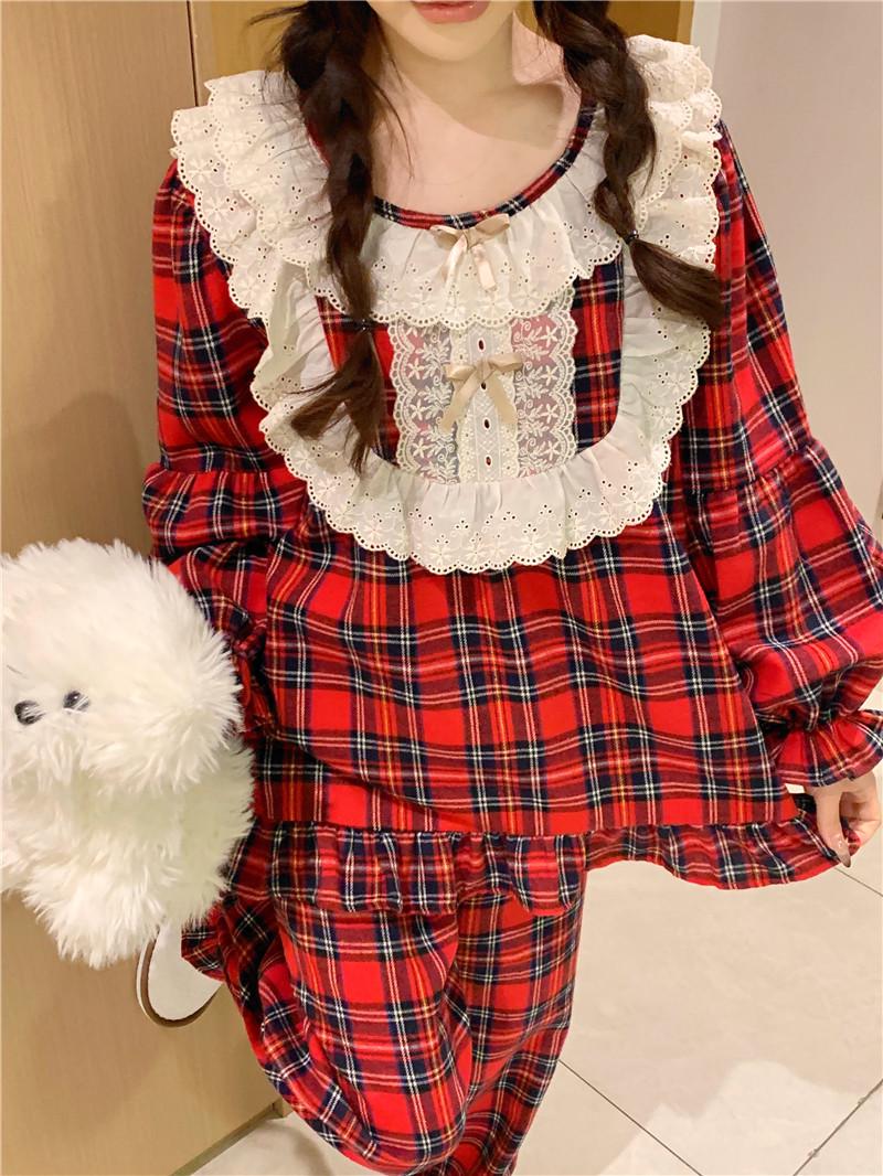 

Красный клетчатый пижамный комплект с кружевными оборками и длинными рукавами для девочек One Size