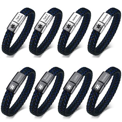 Vnox Personalisierbares Medizinische Herren ID Armband Geflochtenes Leder Armband mit Verschluss Diabetes COPD Alzheimer Personalisierter Schmuck