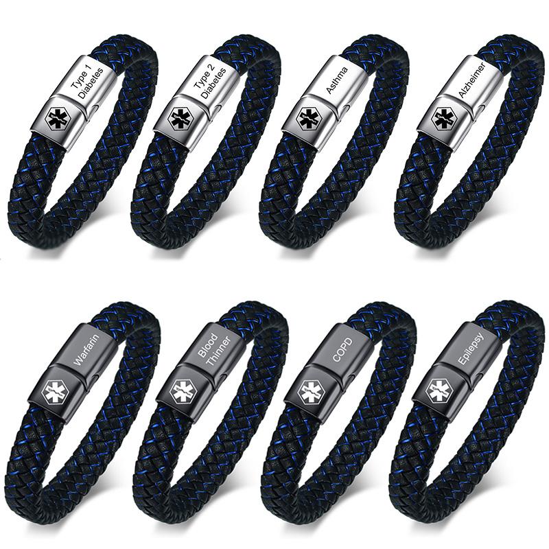 Vnox Bracciale ID Medico Personalizzato da Uomo Braccialetto in Pelle Intrecciata con Chiusura Diabete BPCO Alzheimer Gioielli Personalizzati