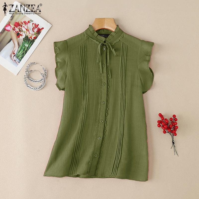 ZANZEA Summer Women Ruffled Sleeveless Lace Hem Frills Casual Tank Tops