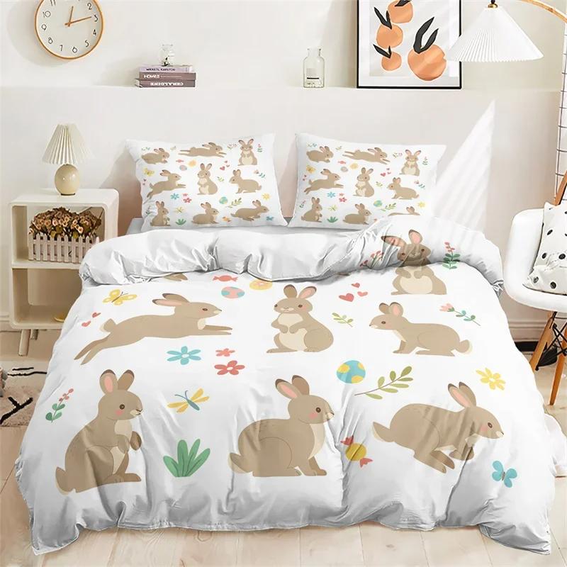 Cartoon Rabbit Duvet Cover Easter Bedding Set Animals Pattern Festival Celebrate Comforter Cover Set Twin For Girl Nursery Child