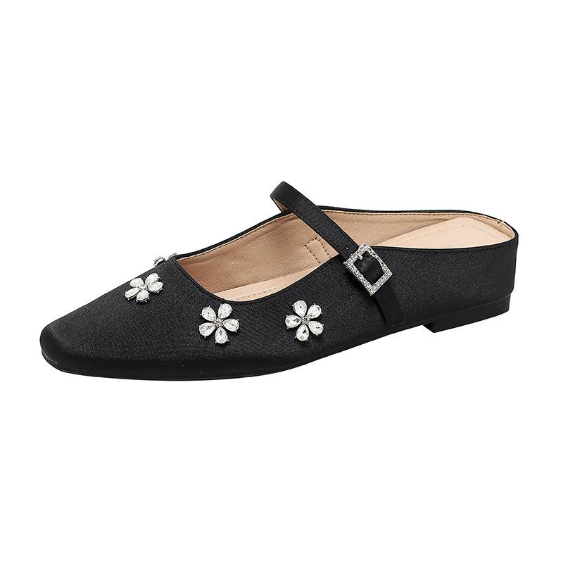 Fashion Sparkling Rhinestone Satin Flat Sandals Women Fairy Core Slip On Mules for Dress Outfits