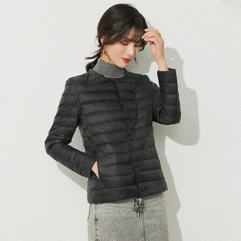 Neue leichte Daunenjacke für Damen, weiße Entendaunen, Herbst- und Winterfutter, Rundhalsausschnitt, V-Ausschnitt, zwei Tragemöglichkeiten, große Größe, schlanker Kurzmantel