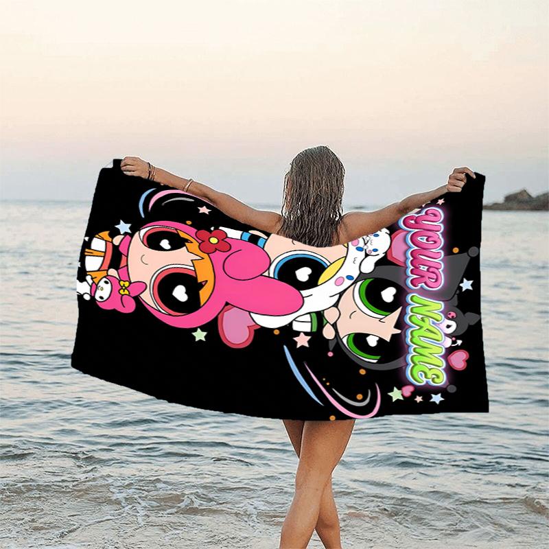 1pc Powerpuff Beach Towel with Custom Name, Beach and Seaside Swimming Pool Equipment, Fashion Pattern, Rectangular, Travel Essential