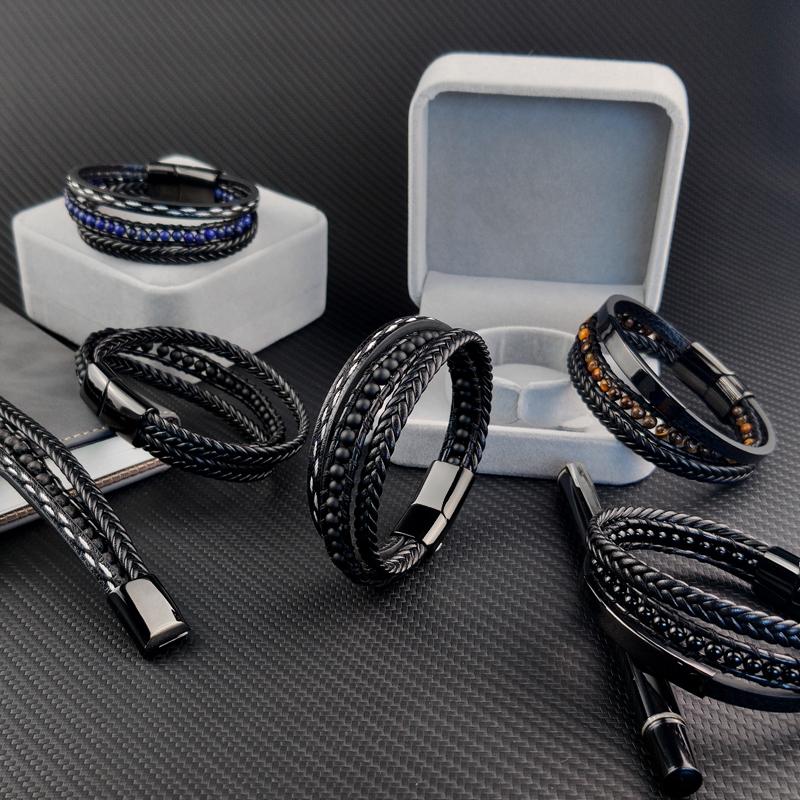 MingAo Punk Stainless Steel Beaded Custom Name Men Charm Bracelet Multi-layer Bangle Leather braid Magnet Clasp bracelet Jewelry