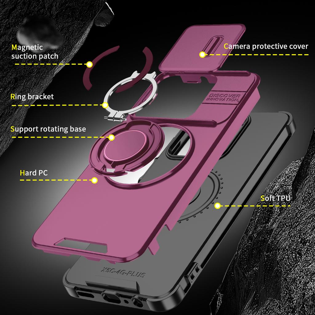 Manyetik Metal Halka Standlı Zırh Kılıfı Honor X5c X5d Plus Play 10A İçin Kaydırılabilir İtme Penceresi Lens Korumalı TPU Plastik Telefon Kılıfı