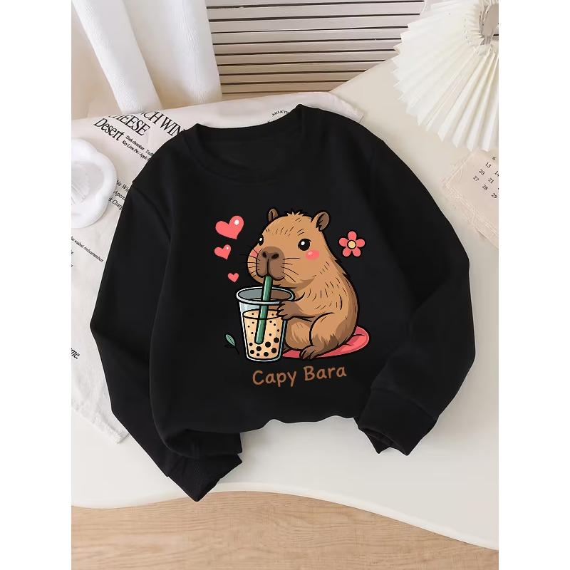 European sizes Kids' Stylish Cartoon Heart Letter Capybara Drinking Milk Tea Pattern Print Round Neck Sweatshirt, Suitable for Outings