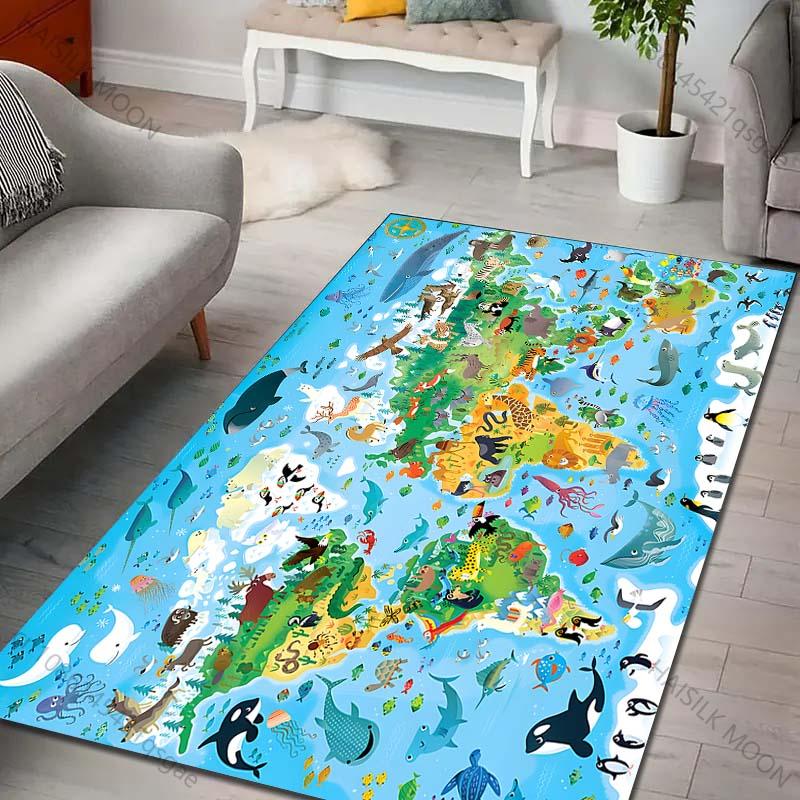 New Product Cartoon Animal World Map Carpet for Living Room Bedroom Sofa Creative Doormat Home Decor Area Rug Large Size