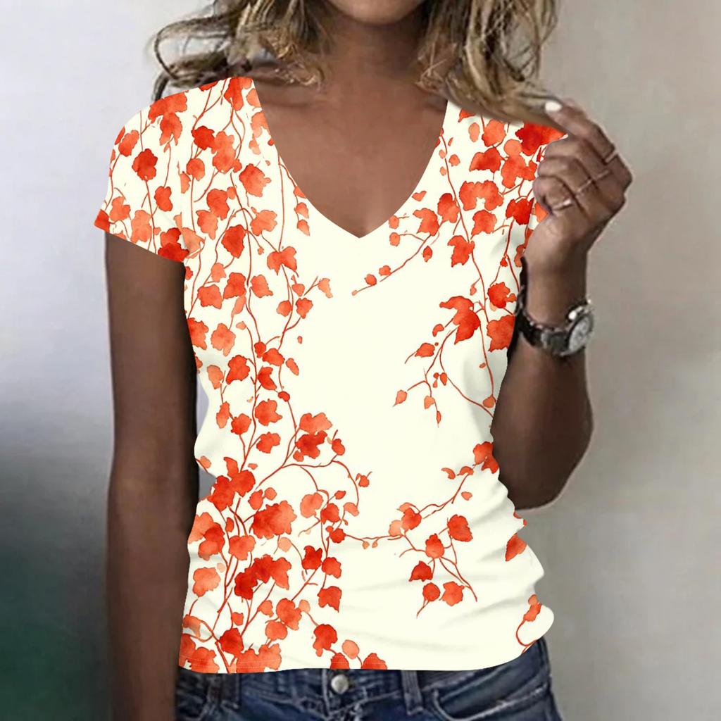 Women’s Casual V Neck Short Sleeve Floral Print T Shirt Relaxed Fit Lightweight Soft Fabric Top for Everyday Wear