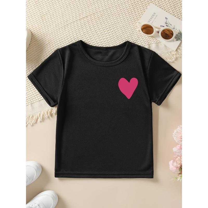 European sizes Summer Fashion Girls' Short-Sleeve T-Shirt with Heart Cartoon Pattern Double-Sided Print, Casual and Versatile Top