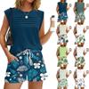 Women's Casual Fashion Crewneck Pleated Hawaiian Print Shorts Set