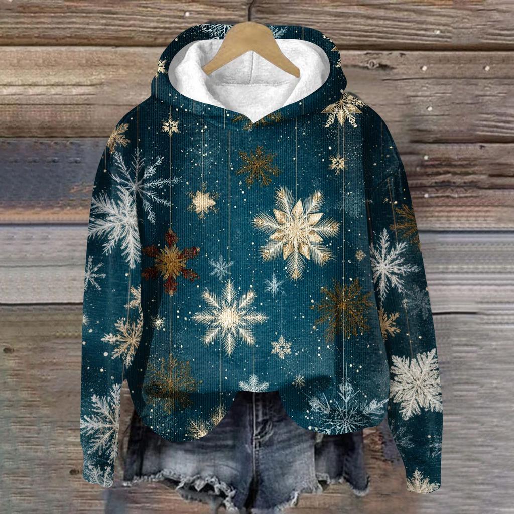 Damenmode Langarm Weihnachtsprint Lockerer Kapuzenpullover Top
