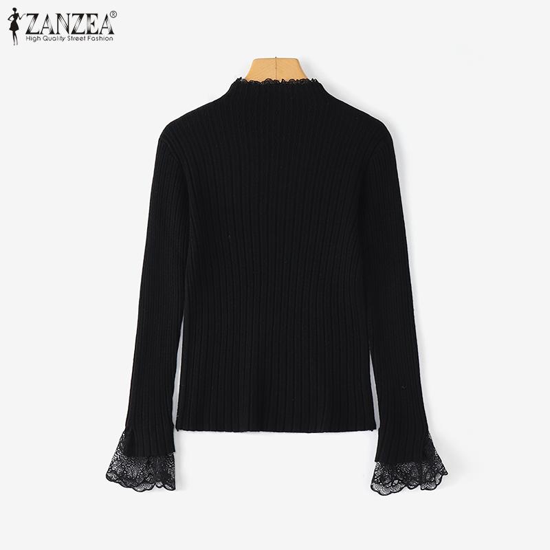 ZANZEA Damen-Pullover mit Stehkragen, langen Ärmeln, Spitzen-Patchwork-Stretch-Rippstrick, Unterhemden