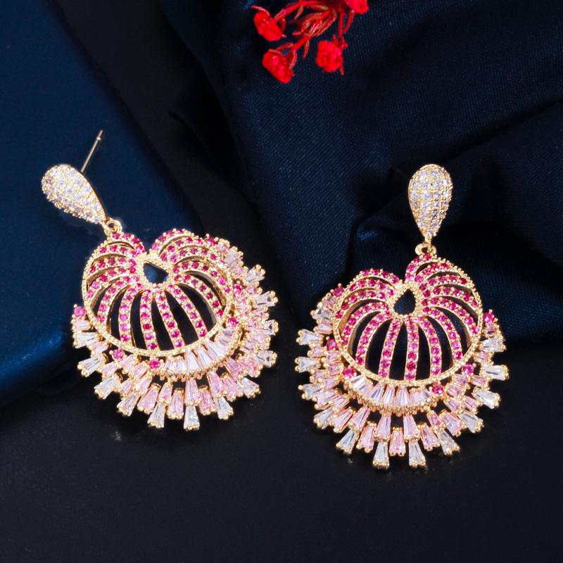 WWJ Romantic Flower Rose Red Zircon Big Dangle Drop Earrings for Brides