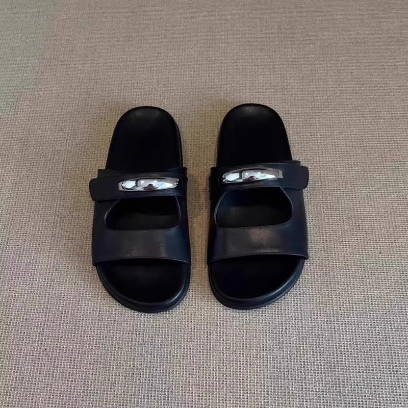 Rindslederversion~ Französische Metallschnalle Einwort Damen 2025 neue Sommer Plateau Strandschuhe Klettverschluss coole Pantoletten