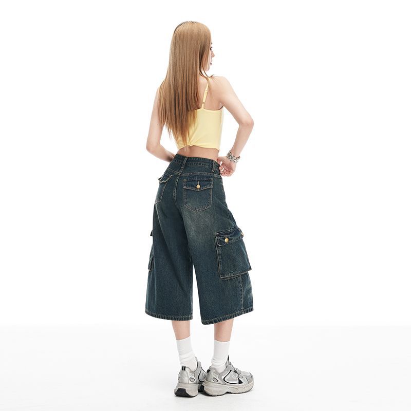 Trendy Vintage Pocket Cargo High Waist Loose Straight Wide Leg Cropped Capri Denim Shorts For Women Versatile Slimming FigureFlattering Casual Bottoms
