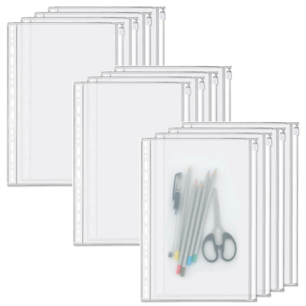 akindou B5 size paper with zippered compatible with both and for and loose-leaf pockets, 12-pack, 9-hole 26-hole binders, semi-transparent, receipts,