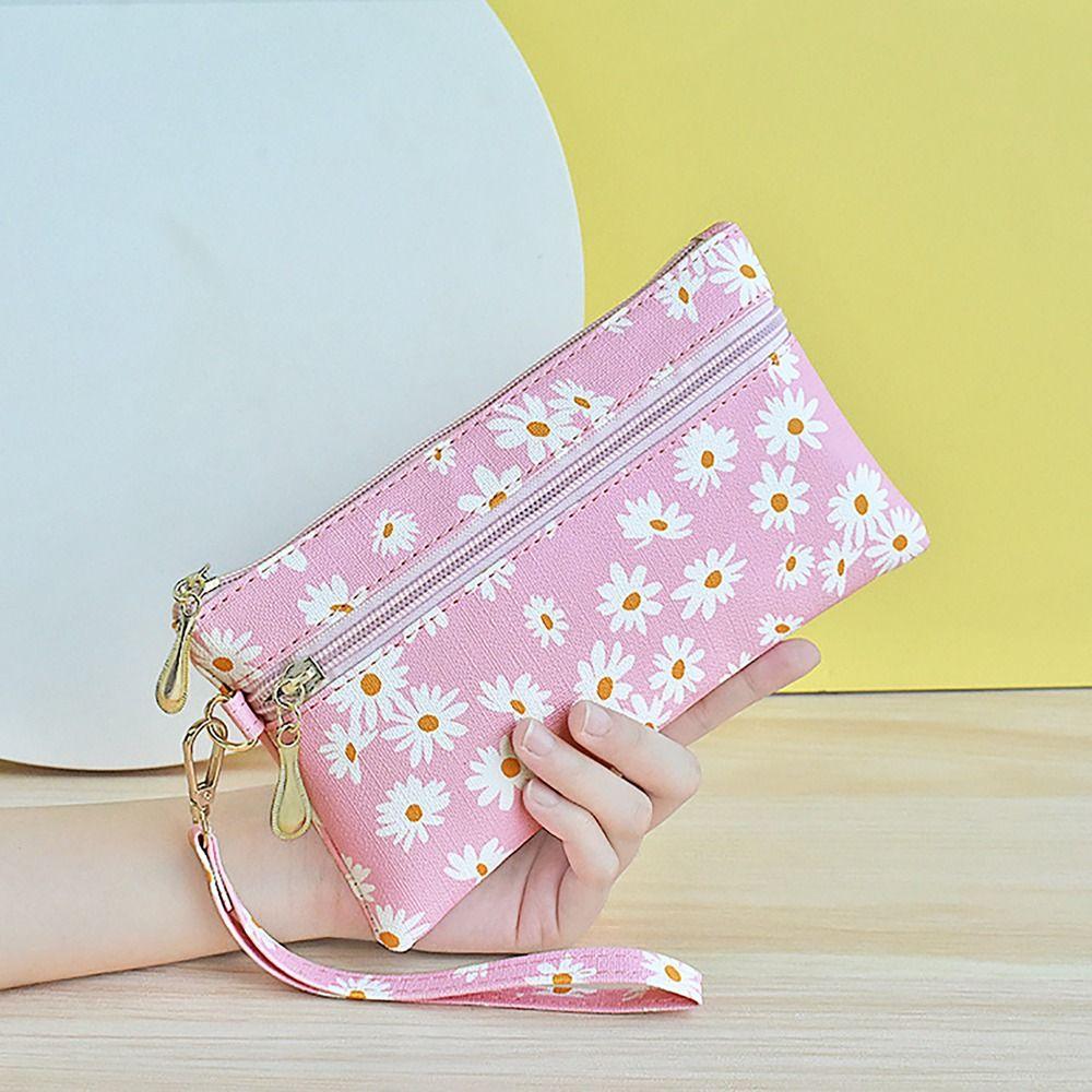 PU Leather Money Coin Purse Wear-resistant with wrist strap Credit Card Holoder Daisy Printed Zipper Phone Bag for Women Maiden