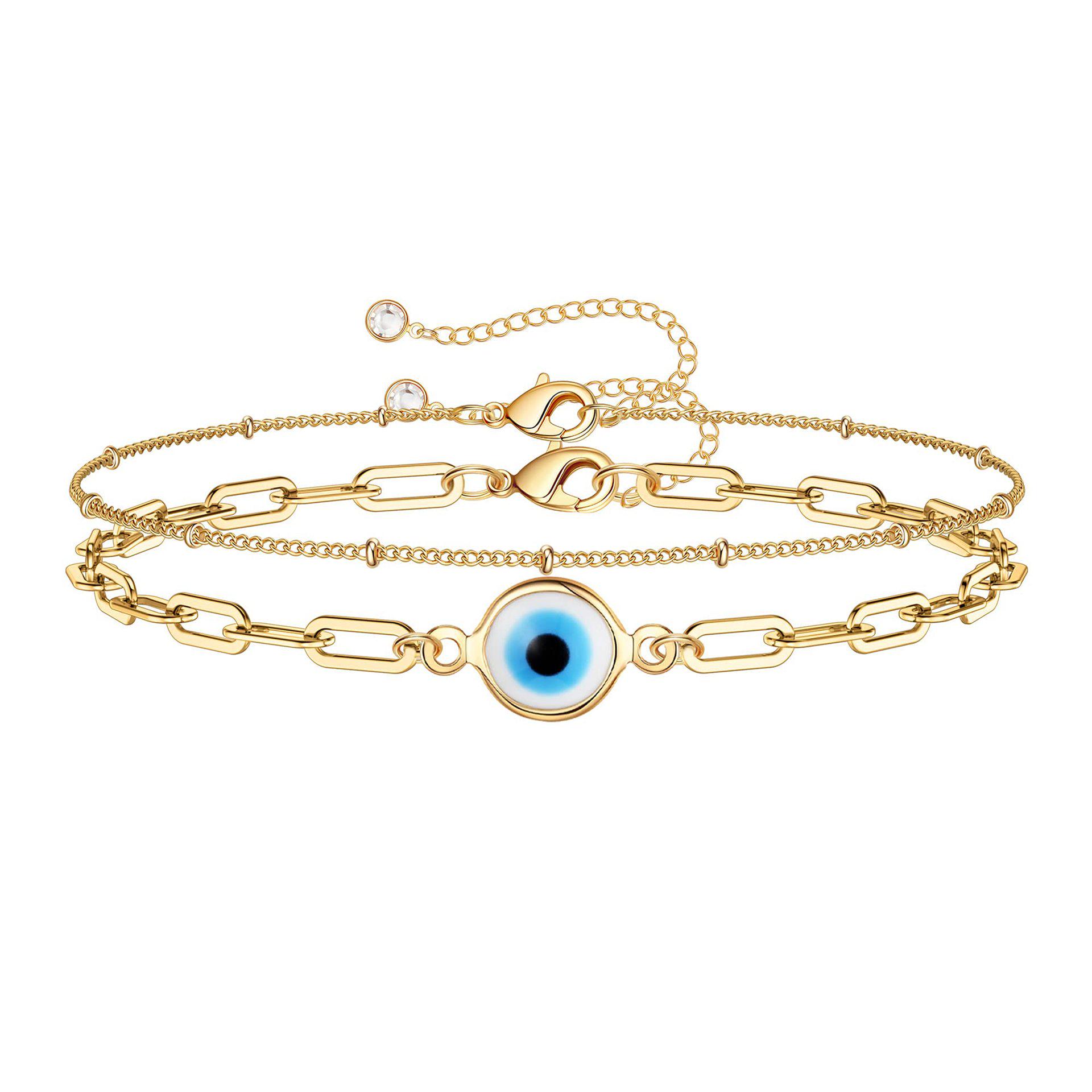 18K Paperclip Chain with Blue Eye Pendant - Multi-layer Stainless Steel Evil Eye Bracelet Gold