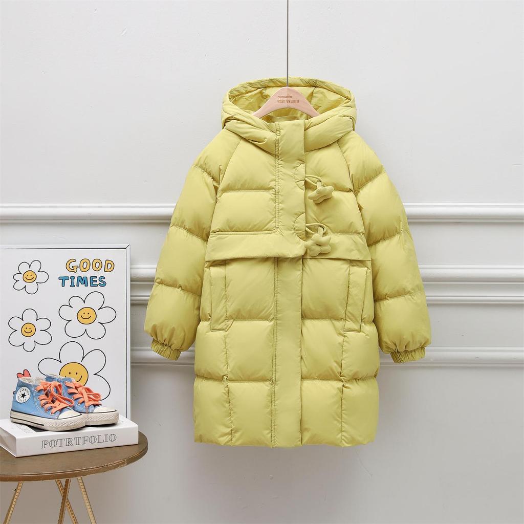2025 Winter Girls' Warm Mid-Length Solid 90% White Duck Down Puffer Jacket