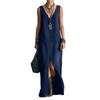 Women V Neck Sleeveless Denim Maxi Dress with Front Slit Casual Long Jean Dress Simple Loose Fit Style