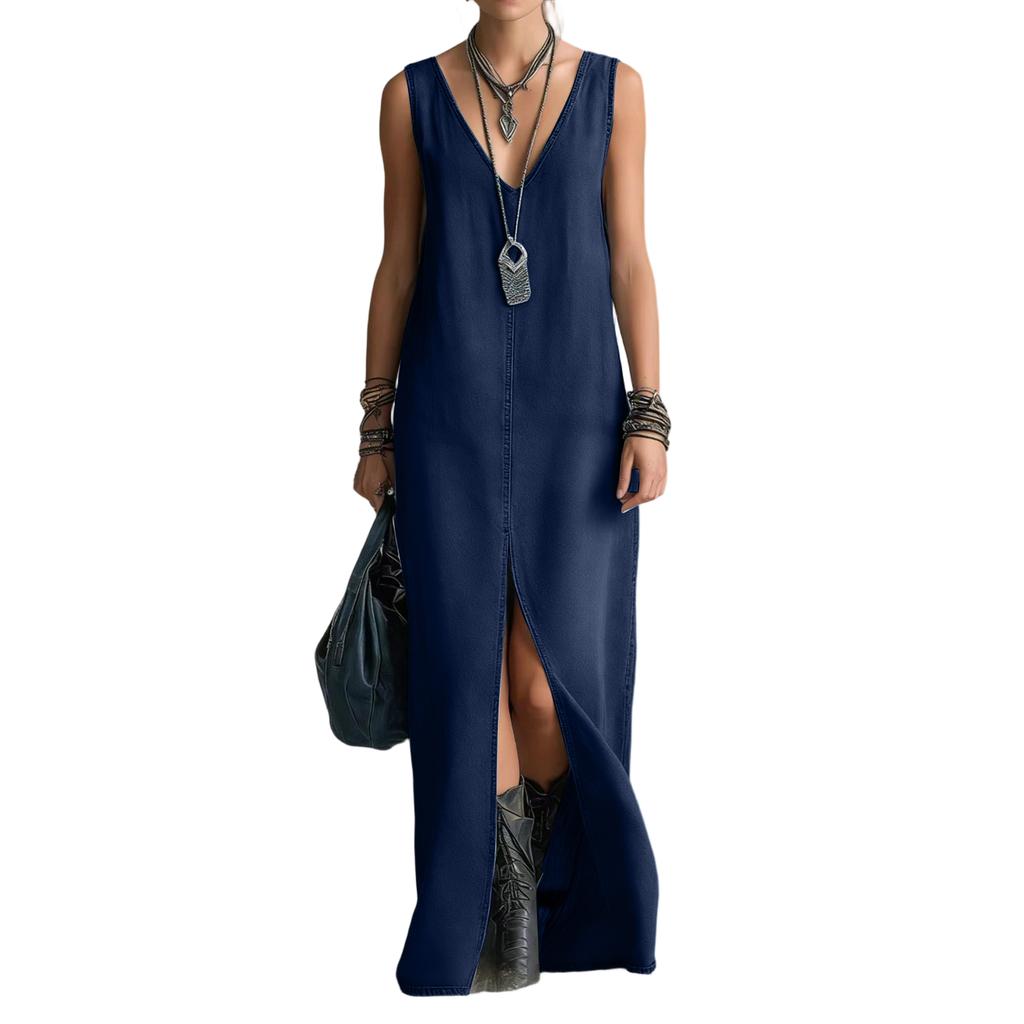 Women V Neck Sleeveless Denim Maxi Dress with Front Slit Casual Long Jean Dress Simple Loose Fit Style