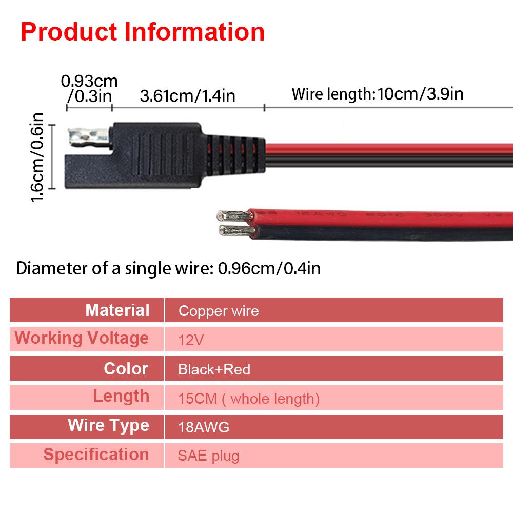 2PCS SAE Single-Ended Cable Power Extension Connector Plug 18AWG15CM Cable Solar Panel Battery Adapter 2core Power Cord