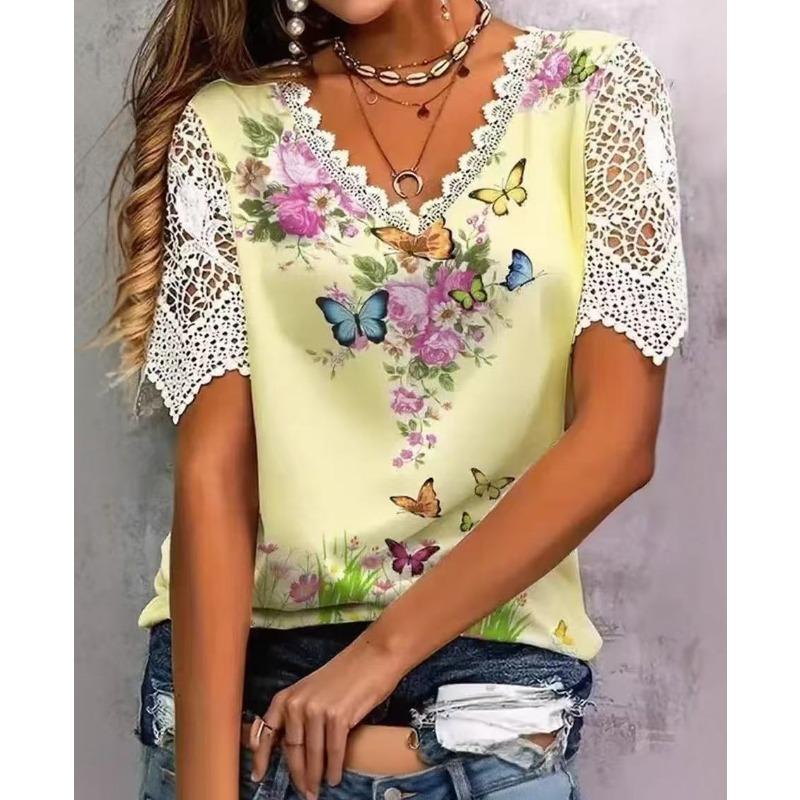 Women's Fashion Casual Summer Spring Flower Pattern Print Short Sleeve V-Neck Blouses & Shirts