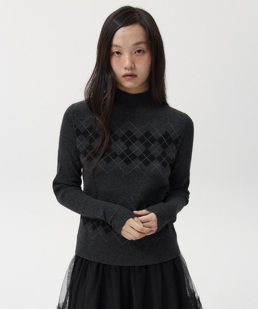 Ohesio Argyle Half Neck Ribbed Knit, Charcoal