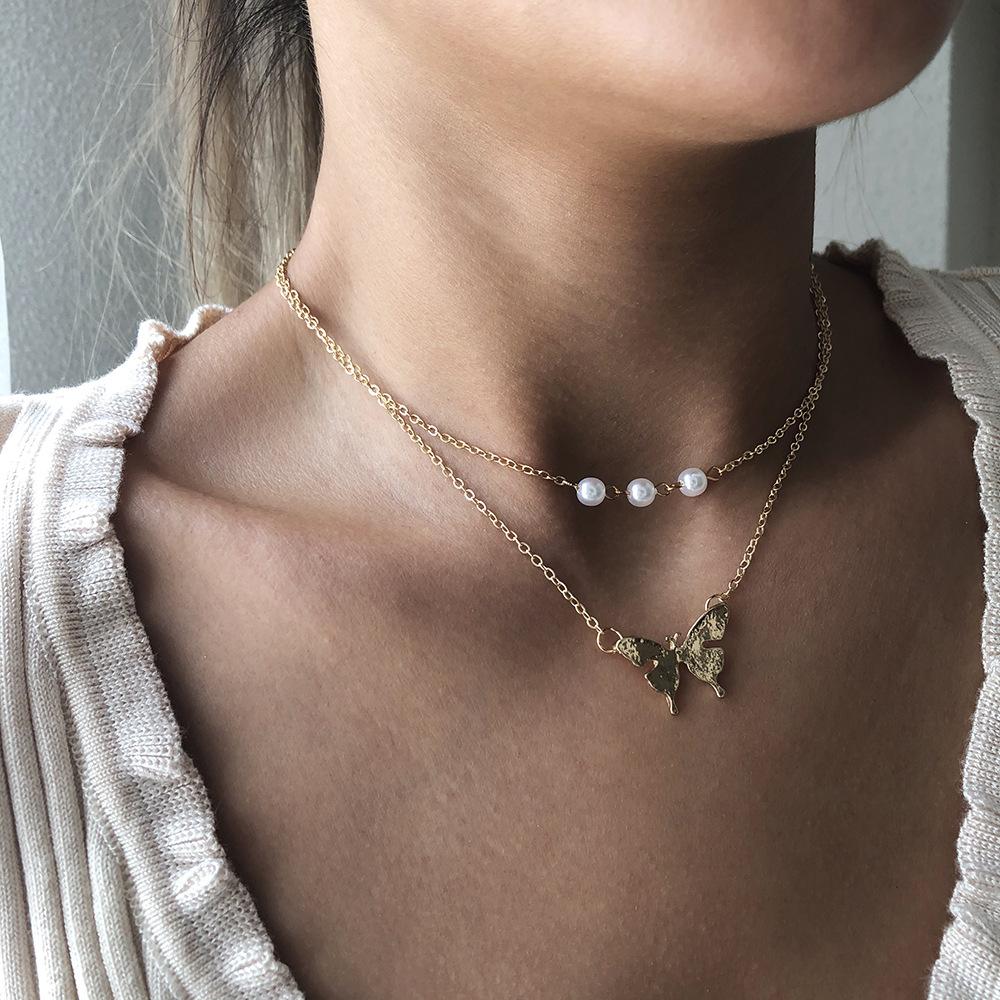 Fashion Trend Personality Double Layer Imitation Pearl Butterfly Pendant Necklace Clavicle Chain Party Jewelry Exquisite Gifts
