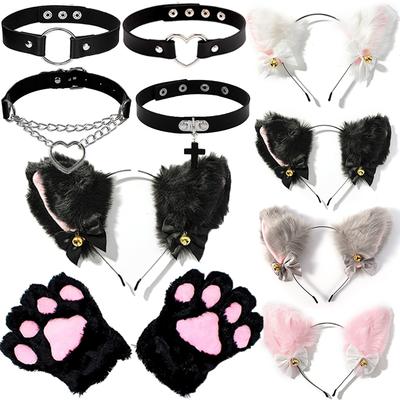 1 Juego de bonitos guantes con orejas de gato para el pelo, disfraz de cosplay de anime para niñas, diadema con orejas de gato de peluche, diadema para fiestas nocturnas y clubes.