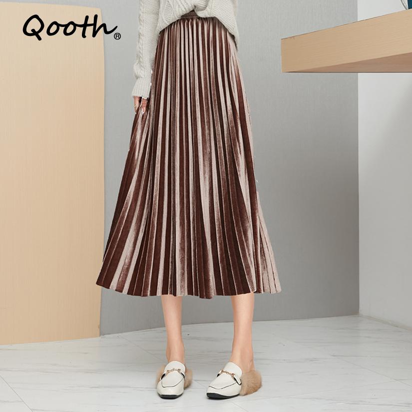 

Qooth Women s Autumn Winter Velvet Pleated Skirts Calf Length Elegant A Line Skirt QT2587 S чорний