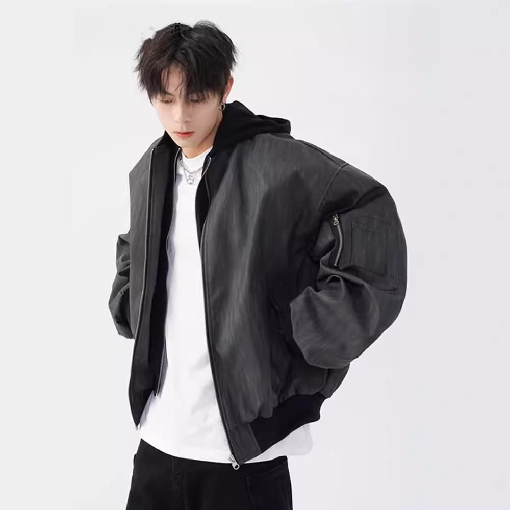 Design American Retro Baseball Uniform for Men In Autumn and Winter Loose Casual Short Hooded Pu Leather Texture Jacket