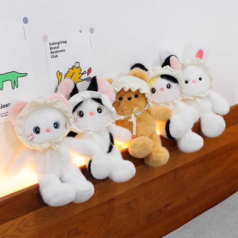 Cute Baby Hat Bear Plush Toy Children Sleeping Comfort Rabbit Pillow Cat Doll Home Decoration