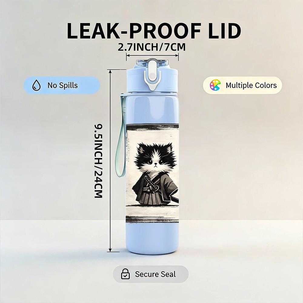 1PC Cat Sketch Black White Art Print 750ml Color Plastic Sports Water Bottle Leakproof Flip Straw Lid Suitable for Sports Office Home Use