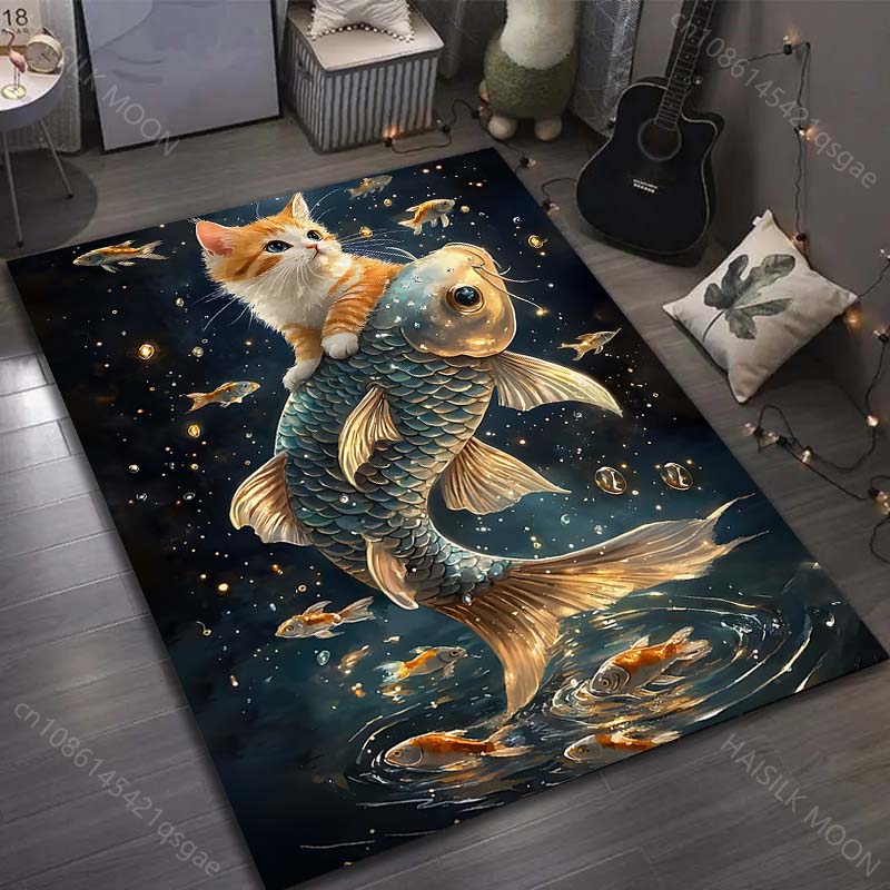 

1PC Cat riding koi, golden fish Carpet for Living Room Bedroom Sofa Home Decor Rus Non-slip Floor Mat Luxury Gift 40cm x 60cm